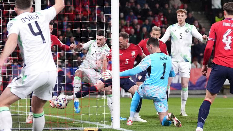 Czech Republic goalkeeper Matej Kovar scores an own goal to give Republic of Ireland a 2-0 lead