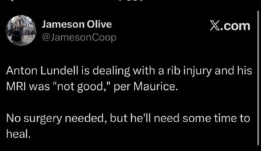 [Jameson Olive] Anton Lundell is dealing with a rib injury and his MRI was "not good," per Maurice. No surgery needed, but he'll need some time to heal. Could be 2-6 weeks.
