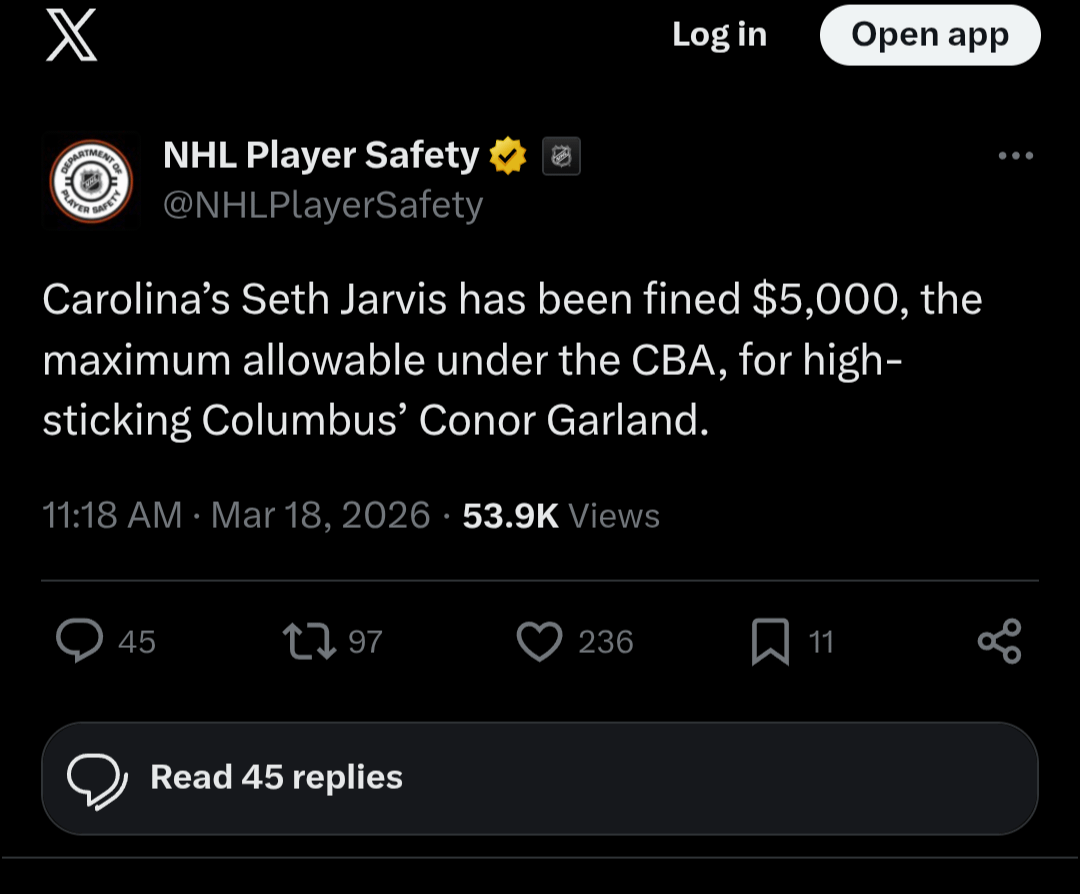 Jarvy fined $5,000 (max allowable) for high sticking Columbus' Conor Garland