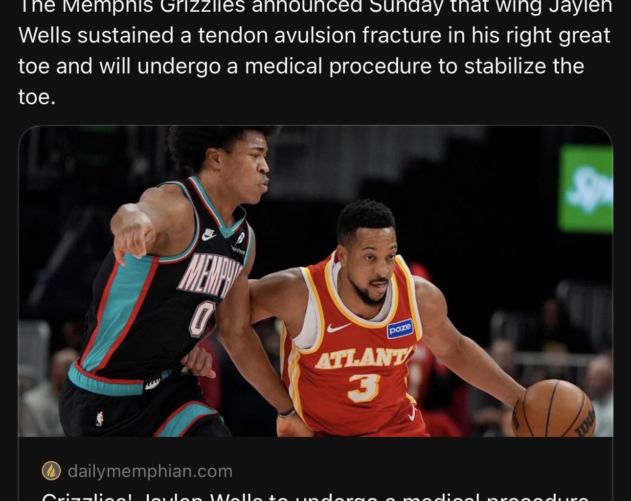 Jaylen Wells had surgery on his right big toe yesterday