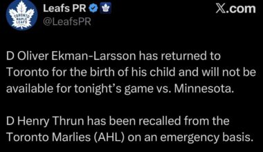 [Leafs PR] D Oliver Ekman-Larsson has returned to Toronto for the birth of his child and will not be available for tonight’s game vs. Minnesota