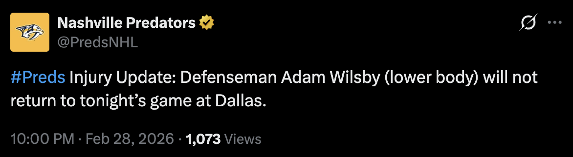 [Nashville Predators] Injury Update: Defenseman Adam Wilsby (lower body) will not return to tonight’s game at Dallas