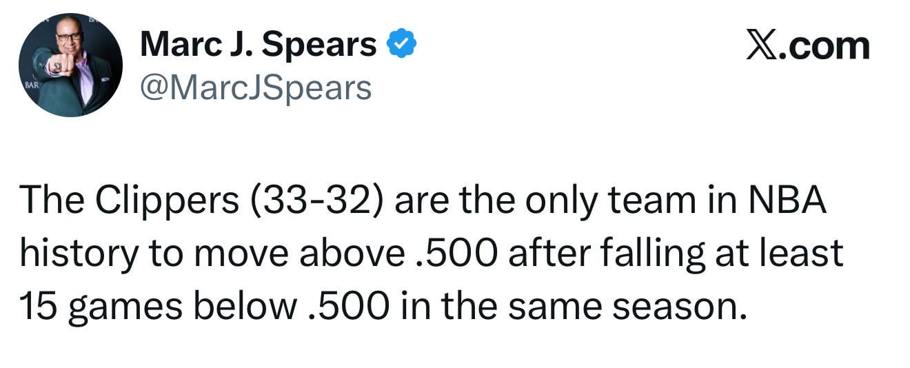 [Spears] The Clippers (33-32) are the only team in NBA history to move above .500 after falling at least 15 games below .500 in the same season.