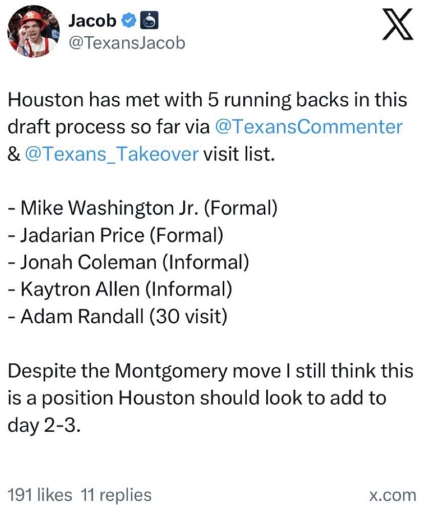 The Texans have met with five RB prospects [03.29.26]:
