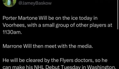 [Baskow] Porter Martone will be on the ice today in Voorhees, with a small group of other players at 11:30am. Martone will then meet with media. He will be cleared by the Flyers doctors, so he can make his NHL debut Tuesday in Washington.
