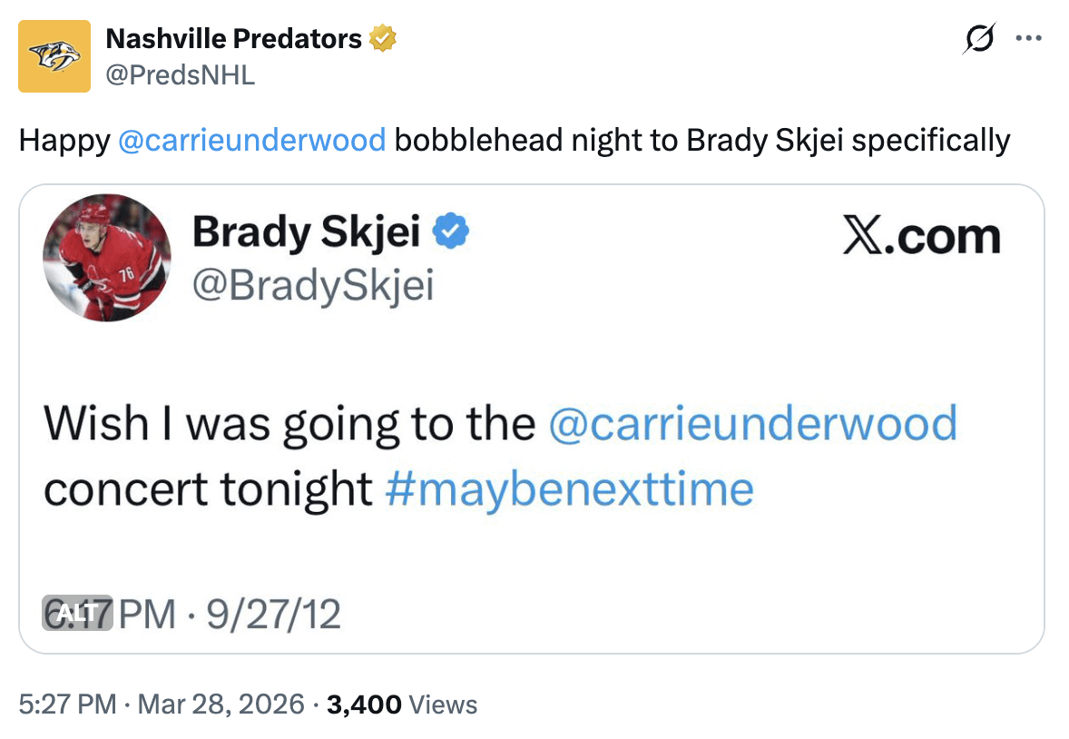 [Nashville Predators] Happy Carrie Underwood bobblehead night to Brady Skjei specifically