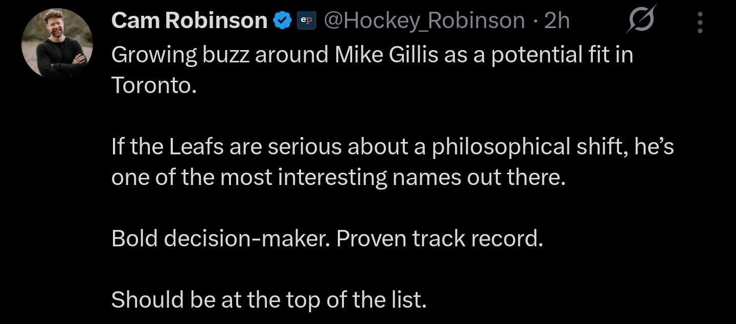 Mike Gillis returning as the Leafs GM? @Hockey_Robinson [X/Twitter]