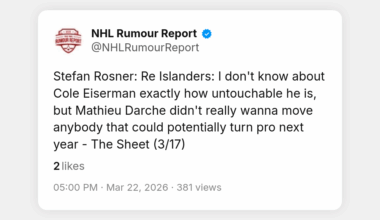 Stefan Rosner: Re Islanders: I don't know about Cole Eiserman exactly how untouchable he is, but Mathieu Darche didn't really wanna move anybody that could potentially turn pro next year - The Sheet (3/17)