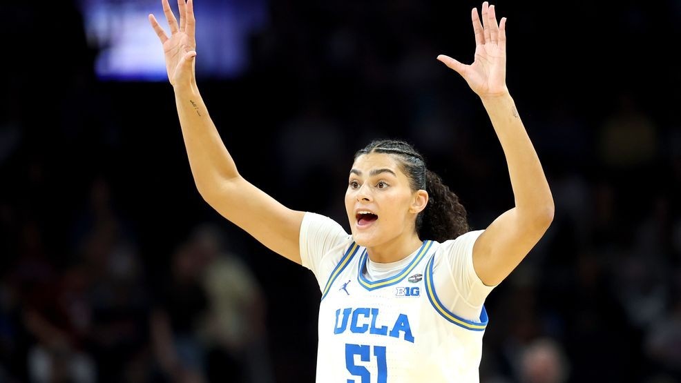 PHOENIX, ARIZONA - APRIL 05: Lauren Betts #51 of the UCLA Bruins gestures during the second quarter against the South Carolina Gamecocks in the National Championship of the NCAA Women's Basketball Tournament at Mortgage Matchup Center on April 05, 2026 in Phoenix, Arizona.  (Photo by Christian Petersen/Getty Images)