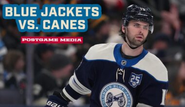 Zach Werenski, Adam Fantilli, Kirill Marchenko and Head Coach Rick Bowness | Postgame Media