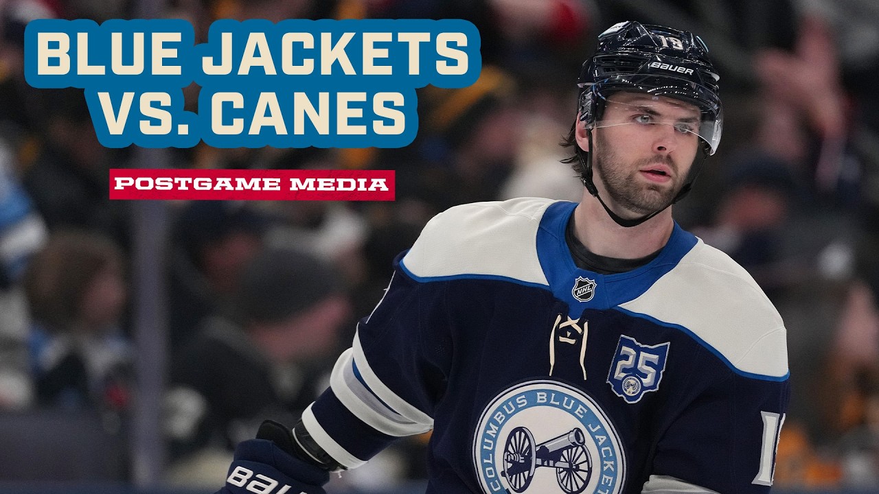 Zach Werenski, Adam Fantilli, Kirill Marchenko and Head Coach Rick Bowness | Postgame Media