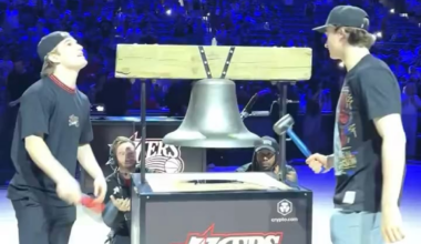 Denver Barkey and Porter Martone ring the bell for the Sixers Play In game.