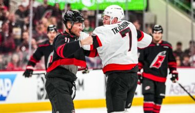 OFF THE FACEOFF! Tkachuk, Staal, drop the gloves to start Game 1!