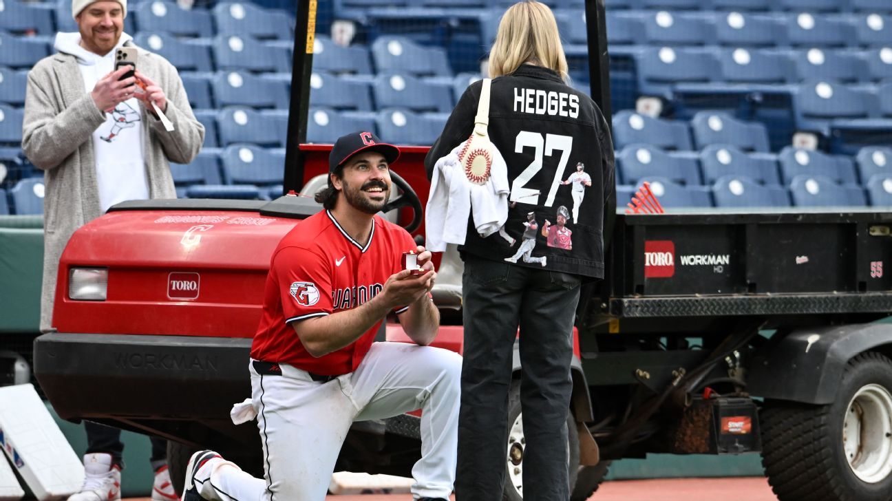 Guardians' Austin Hedges gets engaged on field following game