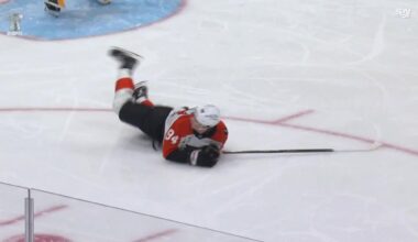 Stuart Skinner trips Porter Martone accidentally on purpose