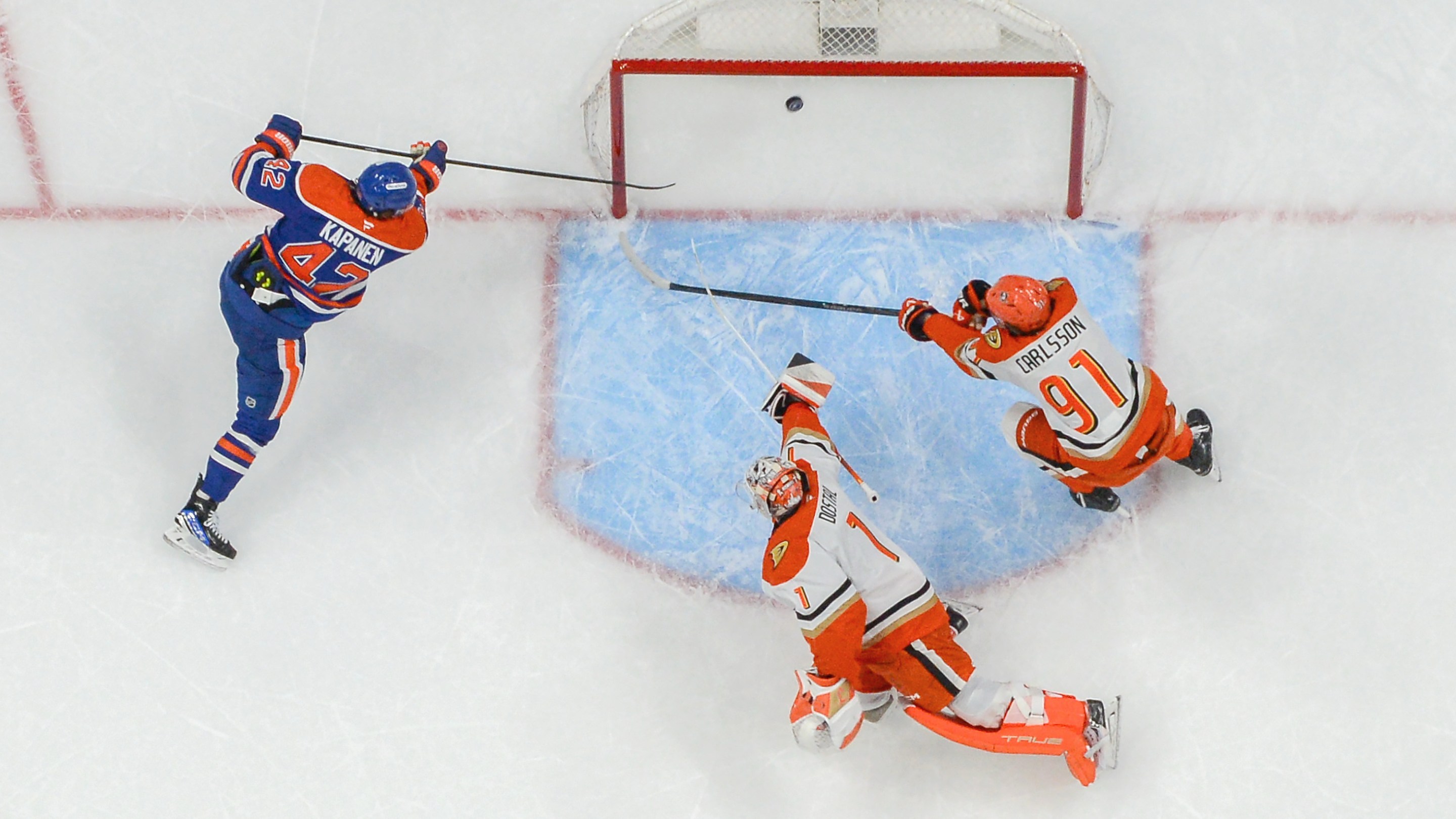 EDMONTON, CANADA - APRIL 20: Kasperi Kapanen #42 of the Edmonton Oilers scores a first-period goal against Lukas Dostal #1 of the Anaheim Ducks during Game One of the First Round of the 2026 Stanley Cup Playoffs at Rogers Place on April 20, 2026, in Edmonton, Alberta, Canada. (Photo by Andy Devlin/NHLI via Getty Images)