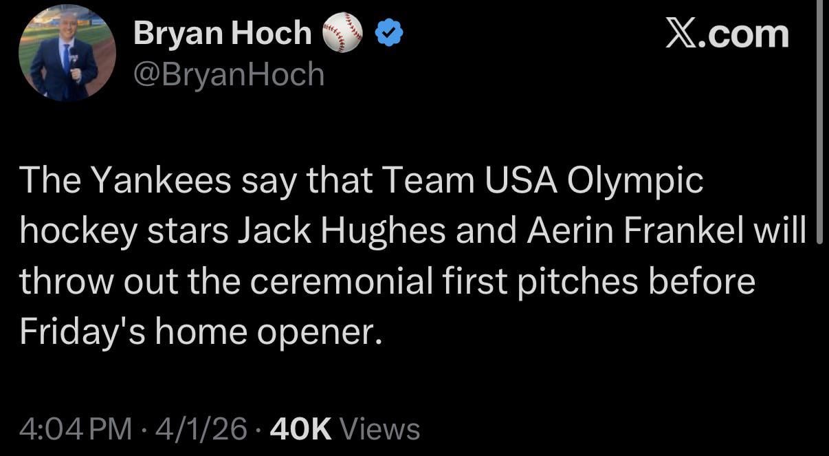 Jack Hughes to throw ceremonial first pitch in Yankees home opener