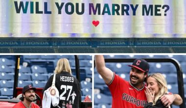 What a postgame moment for Austin Hedges 💍 After an 8–4 win over the Orioles on Sunday afternoon, Hedges got down on one knee and proposed to his fiancée Lexi right on the field. Congratulations!