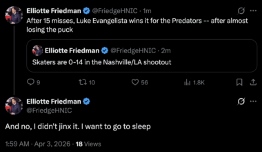 [Friedman] After 15 misses, Luke Evangelista wins it for the Predators -- after almost losing the puck. And no, I didn't jinx it. I want to go to sleep.