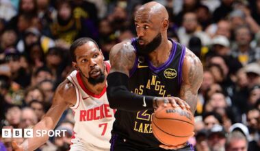 Kevin Durant of the Houston Rockets guards LeBron James of the Los Angeles Lakers during game two of their 2026 NBA play-off series