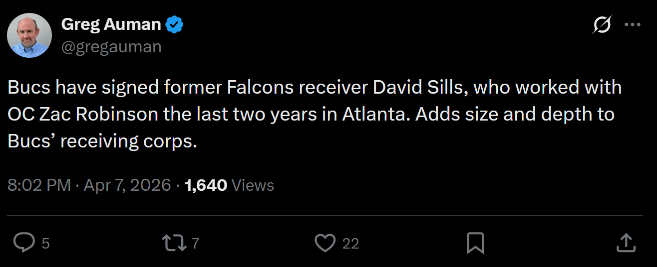 [Greg Auman] Bucs have signed former Falcons receiver David Sills, who worked with OC Zac Robinson the last two years in Atlanta. Adds size and depth to Bucs’ receiving corps.