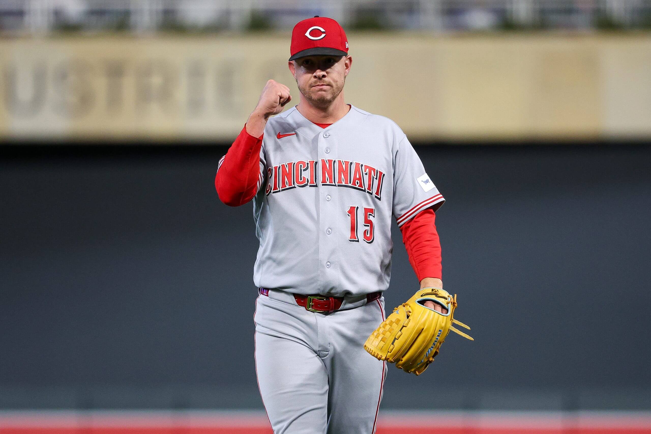 Emilio Pagán of the Cincinnati Reds celebrates his team's win.