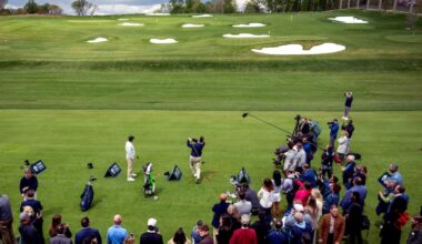 PGA Tour champion Chris Gotterup (left) and former Eagles center Jason Kelce (right) hit the inaugural tee shots at the driving range following the ribbon-cutting for the Lincoln Financial Center at Cobbs Creek Golf Course.