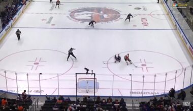 Matthew Schaefer with the hustle and denial on owen tippett's empty-net attempt