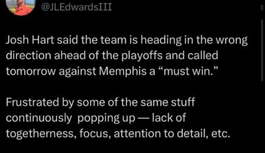 [Edwards III] Josh Hart said the team is heading in the wrong direction ahead of the playoffs and called tomorrow against Memphis a “must win.” Frustrated by some of the same stuff continuously popping up — lack of togetherness, focus, attention to detail, etc.