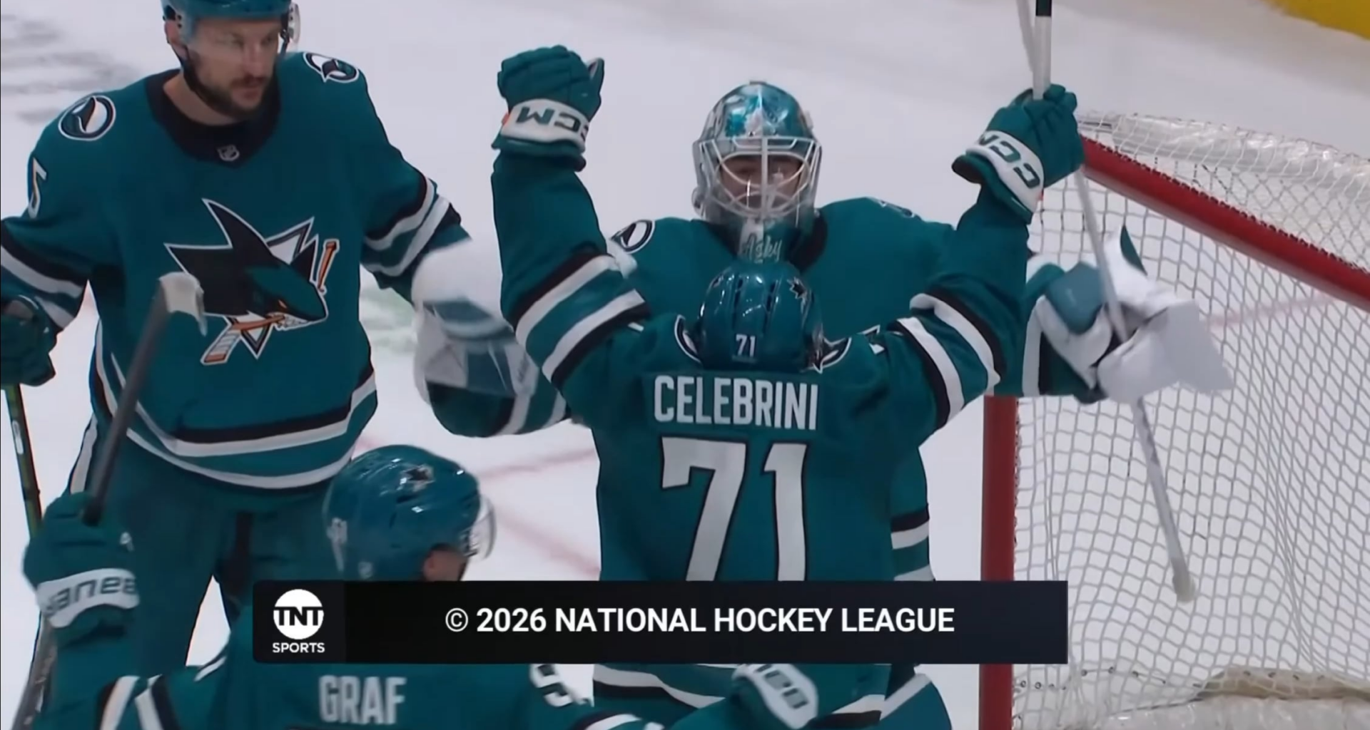 Graf takes a stick to the face from Askarov during the post-game celly vs. Anaheim.