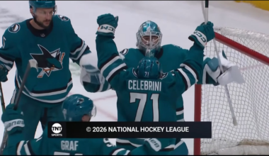 Graf takes a stick to the face from Askarov during the post-game celly vs. Anaheim.