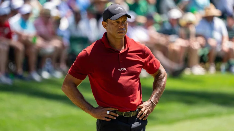 Apr 14, 2024; Augusta, Georgia, USA; Tiger Woods stands on the 16th hole during the final round of the Masters Tournament. Mandatory Credit: Kyle Terada-USA TODAY Network© Kyle Terada-USA TODAY Network&period;