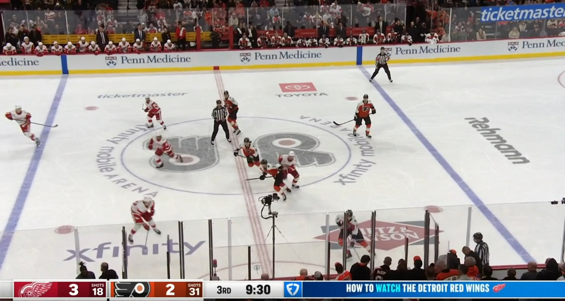 [DET (4) - PHI 2] 15 seconds after the Flyers score, DeBrincat scores from a ridiculous angle to restore the 2 goal lead