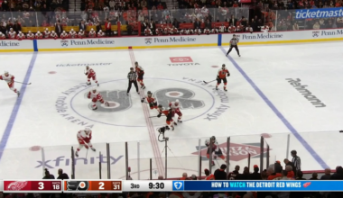 [DET (4) - PHI 2] 15 seconds after the Flyers score, DeBrincat scores from a ridiculous angle to restore the 2 goal lead