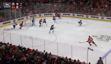 Tyler Bertuzzi finds himself wide open in the crease and beats Hellebuyck five-hole with his team-leading 31st goal of the year