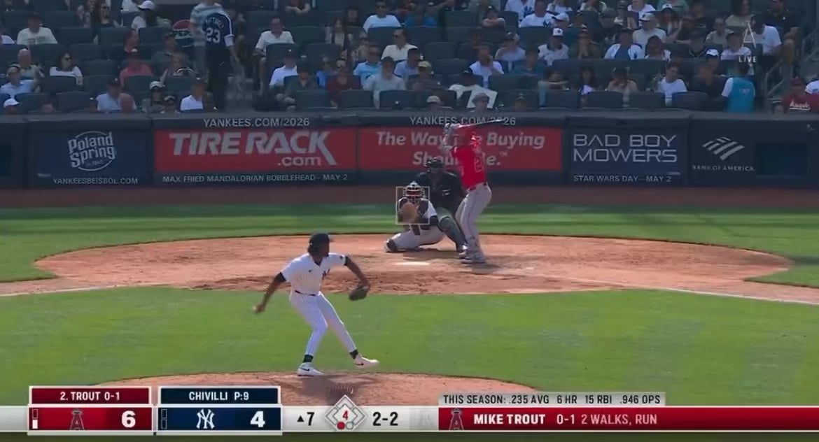 [Highlight] First time in baseball history an opposing player being Angels Mike Trout has homered four consecutive days at Yankee Stadium.