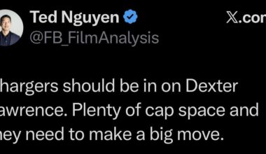 [Nguyen] Chargers should be in on Dexter Lawrence. Plenty of cap space and they need to make a big move.
