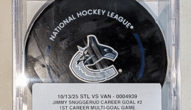 Finally arrived: Game-used goal puck for Jimmy Snuggerud 2nd career goal & 1st career multi-goal game on Oct. 13th 2025.  His first available goal puck to the public auction.  Snuggie kept his first career goal.