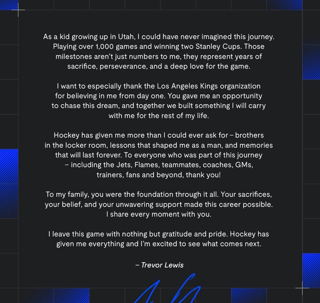 Trevor Lewis has officially announced his retirement following 1,034 NHL games
