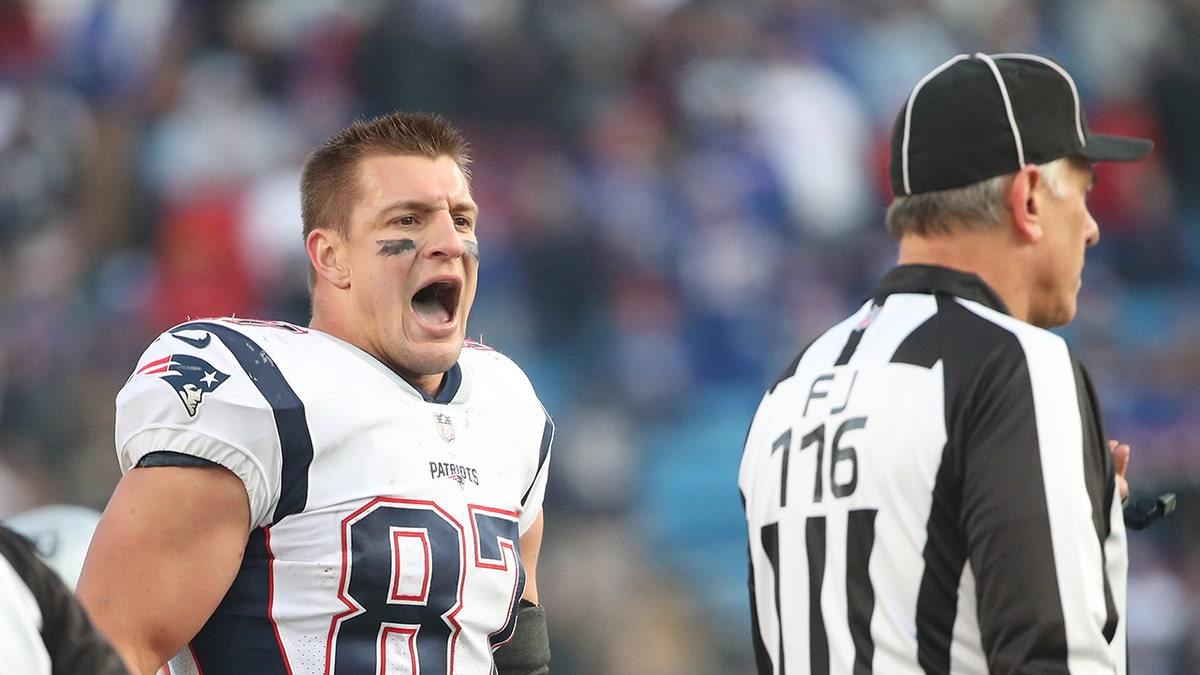 Rob Gronkowski arguing with field judge Mike Weatherford on football field