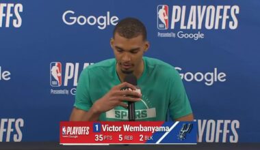 Victor Wembanyama on if he feels the weight of Tim Duncan and David Robinson as Spurs franchise legends: "I wouldn't say, weight, no, I would say, I feel safe. It feels like if you trip, you know there's a lot of hands that are ready to catch you."