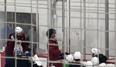Jared Bednar is wearing the NFL Guardian Cap to start practice as a joke.