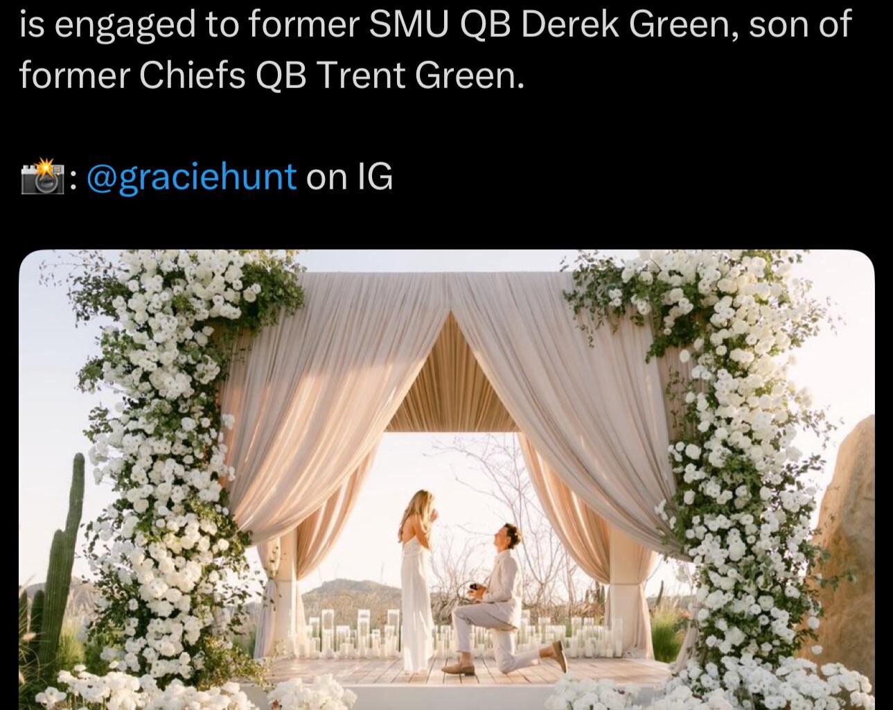 [Farzin Vousoughian] Gracie Hunt, daughter of Chiefs owner Clark Hunt, is engaged to former SMU QB Derek Green, son of former Chiefs QB Trent Green. 📸: @graciehunt on IG