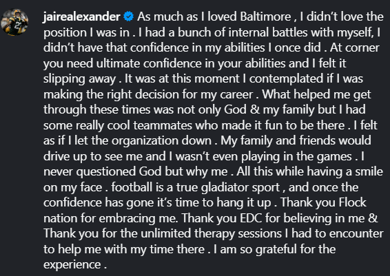 [Meirov] Former Packers CB Jaire Alexander opened up on IG about his mental health struggles during his time with the Ravens and thanked the organization for supporting him through it.