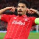 NOTTINGHAM, ENGLAND - APRIL 16: Morgan Gibbs-White of Nottingham Forest celebrates scoring his team's first goal during the UEFA Europa Leag
