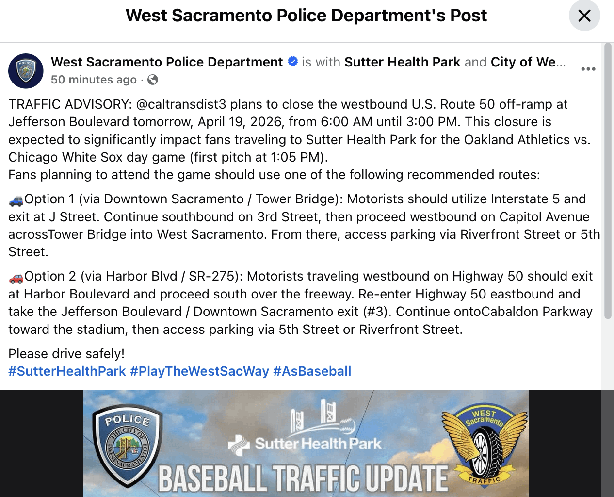 West Sacramento Police Department Oakland Athletics Post for Sunday, April 19, 2026