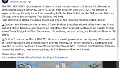West Sacramento Police Department Oakland Athletics Post for Sunday, April 19, 2026