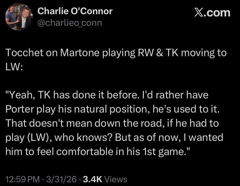 [O’Connor] Tocchet on Martone playing RW & TK moving to LW: