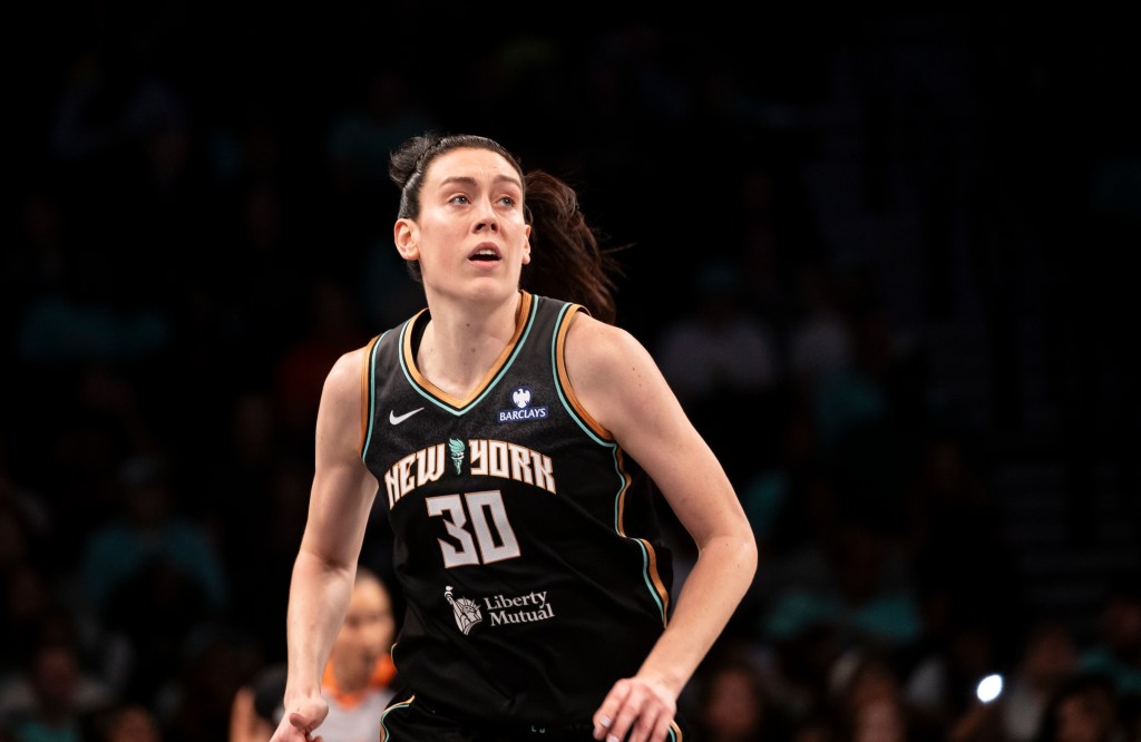 Breanna Stewart of the New York Liberty looking on during a game against the Washington Mystics.