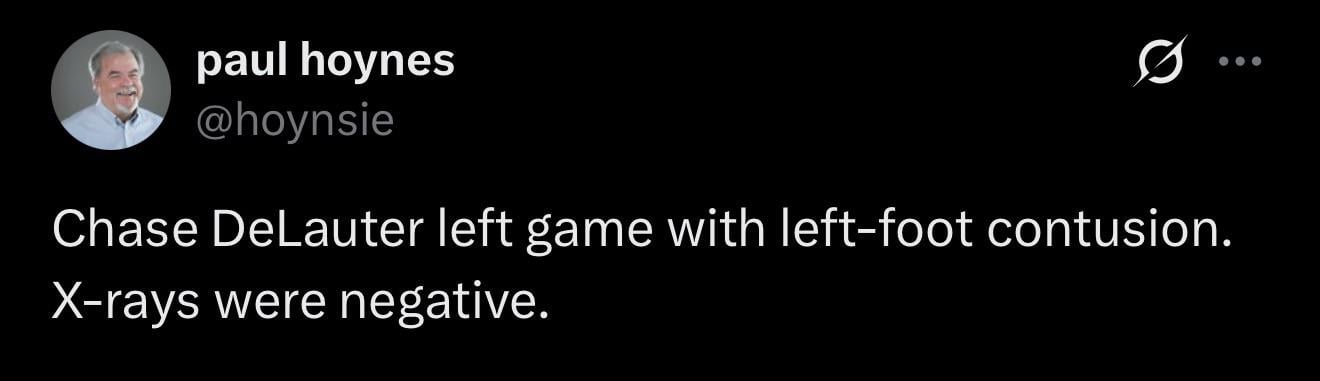 [Hoynes] Chase DeLauter left game with left-foot contusion. X-rays were negative.